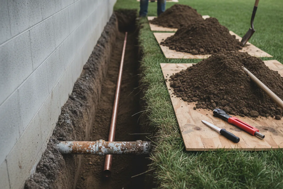 Excavated water line trench during Water Heater Repair in Conestoga